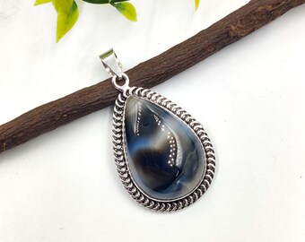 Ciondolo in argento sterling con cabochon in agata naturale fasciata: collana boho fatta a mano per gioielli da donna