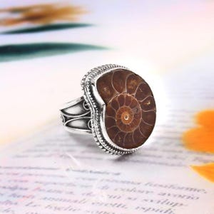 Ammonite Fossil Ring - 925 Sterling Silver Statement Ring - Natural Ammonite Jewelry - Fossilized Adjustable Ring - Unique Gift for Her.