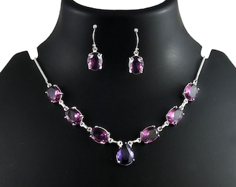 Set amethist ketting en oorbellen: sterlingzilveren ovale edelsteensieraden