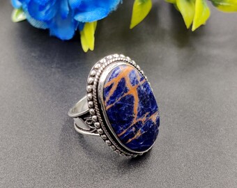 Ntaural Sodalite Cabochon Sterling Silver Ring: Handmade Vintage Style