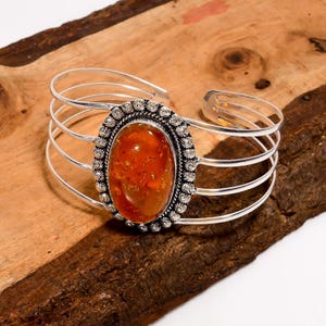 Baltic Amber Gemstone Silver Bangle | 925 Sterling Silver | Adjustable Bangle | Silver Bangle Jewelry Gift for Women & Girls