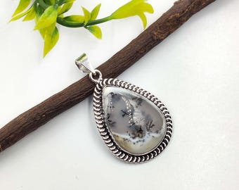 Ciondolo in argento sterling con cabochon di opale dendrite naturale: collana boho fatta a mano per gioielli da donna