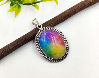 Natural Solar Quartz Cabochon Sterling Silver Pendant: Handmade Boho Necklace For Women Jewelry
