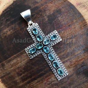 Aquamarine Cross Necklace | 925 Sterling Silver Pendant | March Birthstone Jewelry | Handmade Blue Gemstone Necklace | Boho Unisex Jewelry