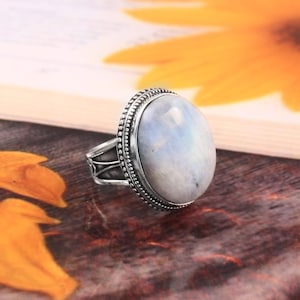 Handmade Rainbow Moonstone Ring | 925 Sterling Silver Oval Statement Ring | Boho Gemstone Jewelry | June Birthstone Ring for Women