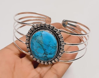 Natural Blue Turquoise Sterling Silver Cuff Bracelet: Vintage Boho Bangle