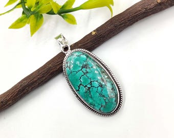 Natural Green Turquoise Cabochon Sterling Silver Pendant: Handmade Boho Necklace For Women Jewelry
