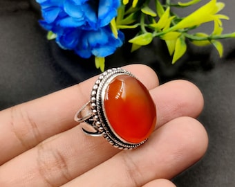 Ntaural Carnelian Gemstone Sterling Silver Ring: Handmade Vintage Style