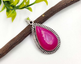 Natural Pink Druzy Cabochon Sterling Silver Pendant: Handmade Boho Necklace For Women Jewelry