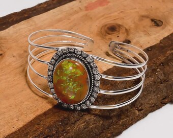 Natural Sterling Opal Sterling Silver Cuff Bracelet: Vintage Boho Bangle