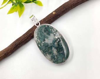 Pingente cabochão de ágata musgosa natural em prata de lei: Colar boho artesanal para mulheres