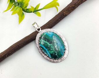 Ciondolo in argento sterling con cabochon di malachite e aruzite naturale: collana boho fatta a mano per gioielli da donna