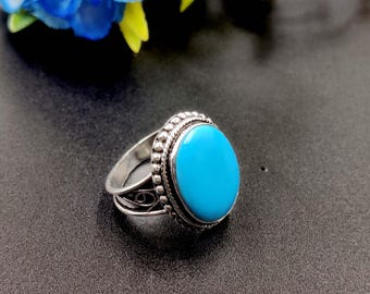 Ntaural Blue Turquoise Gemstone Sterling Silver Ring: Handmade Vintage Style