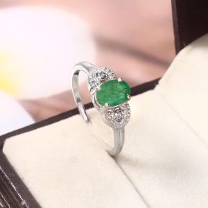 Natural Emerald 925 Sterling Silver Ring May Birthstone Jewelry Oval Green Gemstone with Diamond Accents Classic Promise Ring Gift for Her