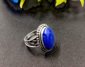 Ntaural Lapis lazuli Gemstone Sterling Silver Ring: Handmade Vintage Style