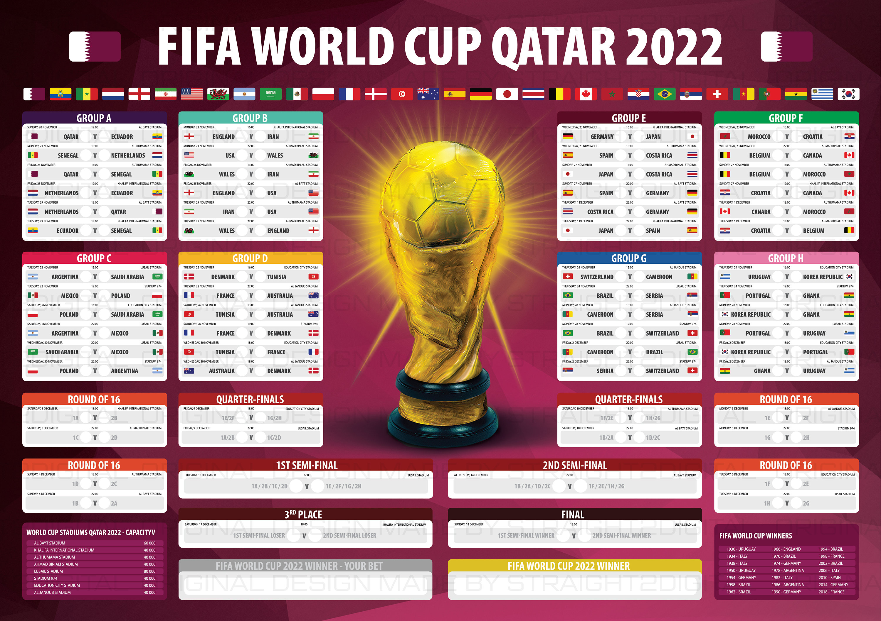 Fifa World Cup Schedule 2022 6 Timezones World Cup 2022 Etsy