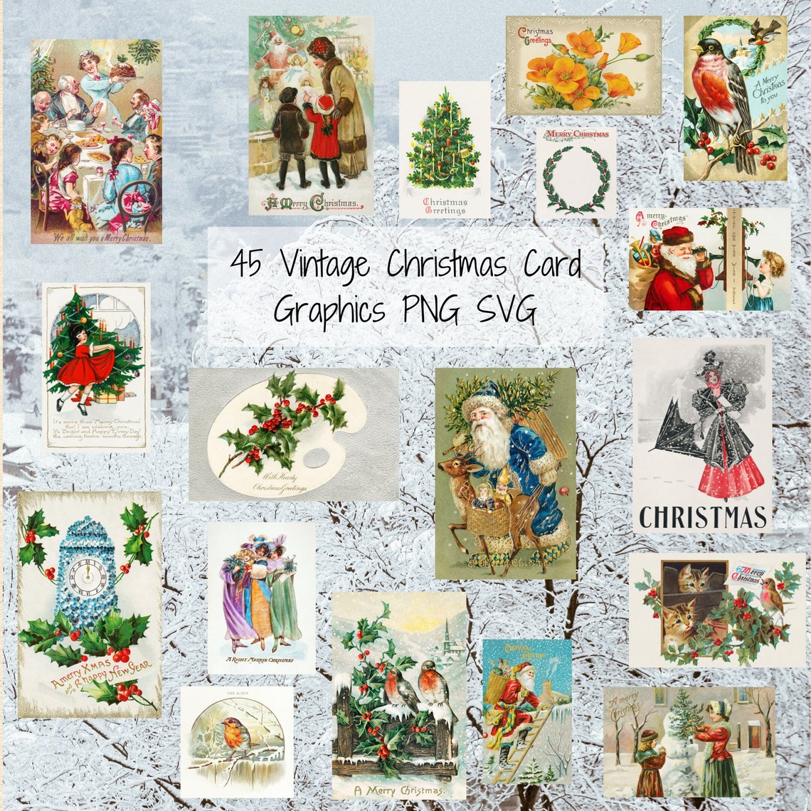 45 Vintage Christmas Cards Graphics PNG SVG, Digital Download, Santa ...