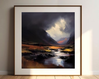 Scottish Highlands Print, Scottish Highlands Oil Painting, Art Prints Scotland, Scottish Landscape Prints, Misty Highland Mountains painting