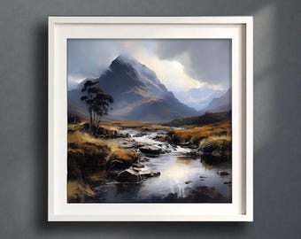 Scottish Highlands Mountain Landscape Print, Oil Painting of Scotland, Scottish Mountain Painting, Scottish Landscape Wall Art Print