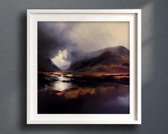 Scottish Highlands Mountain Landscape Print, Oil Painting of Scotland, Scottish Mountain Painting, Large Scottish Landscape Wall Art Print