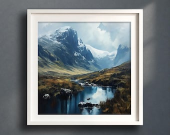 Scottish Highlands Oil Painting Mountain Print, Landscape Wall Art