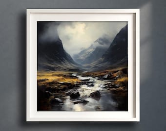 Glen Coe Scottish Highlands Mountain Oil Painting, Highlands of Scotland Landscape, Scottish Giclée Print, Landscape Wall Art