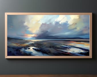 May include: A framed painting of a landscape with a cloudy sky, a body of water, and a distant mountain range. The sky is a mix of blue, white, and yellow, with the sun shining through the clouds. The water is a light blue, and the mountains are a dark blue. The painting is in a wooden frame.