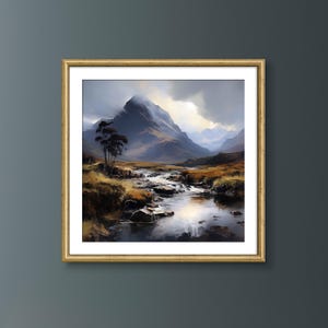 Scottish Highlands Mountain Landscape Print, Oil Painting of Scotland, Scottish Mountain Painting, Scottish Landscape Digital Wall Art Print