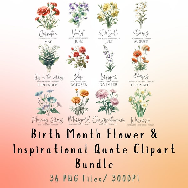 Birth Month Flower Clipart Bundle- Inspirational PNG Floral Design for Crafting & DIY gifts, Floral Clipart Collection, Unique Flower PNG