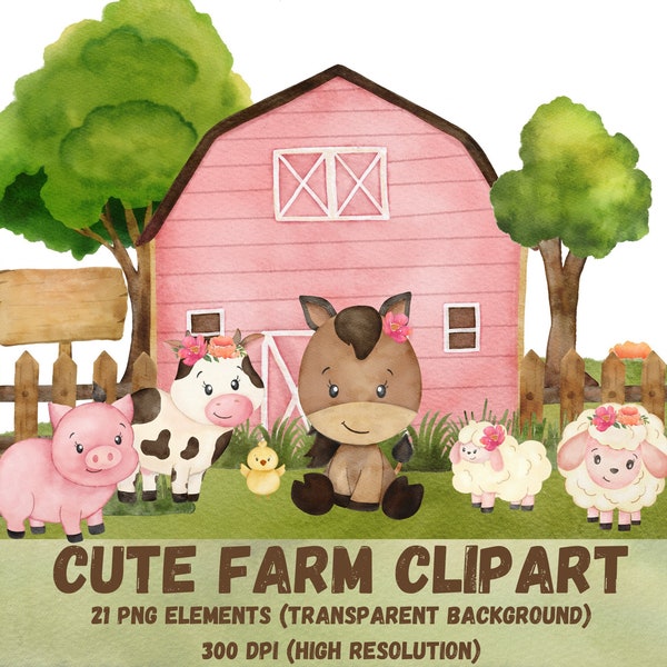 Farm Clipart, Farm Clipart, Watercolor animals, Pink Farm Clipart, Barnyard animals, Farm theme, Pig Clipart, cute farm clipart, farm png