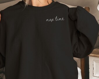 Nap Time Sweatshirt, Embroidered Pocket Crewneck, Minimalist Gift