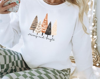 Merry and Bright Christmas Trees Sweatshirt, Unisex Holiday Sweater