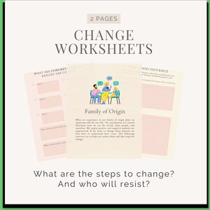 May include: Two pink worksheets with colourful illustrations and text. The worksheets are titled "What are concrete steps to realize the change?" and "The Good Distance". The text on the worksheets reads "Family of Origin" and "What we experience in our family of origin plays an important role in our life. The attachments we created, the patterns we learned, the world we were exposed to, all shape us. We operate in the world, other people, and situations, through the positive and negative patterns we have. If you want to change these patterns, first you have to understand them. The following exercises try to help you realise them and take steps for change."