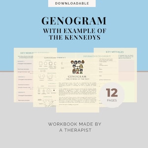 May include: A downloadable workbook titled "GenoGram: The Power of the Past" with a 12-page guide to creating a family tree and understanding family dynamics. The workbook includes a genogram symbol key, information to collect, and key messages.