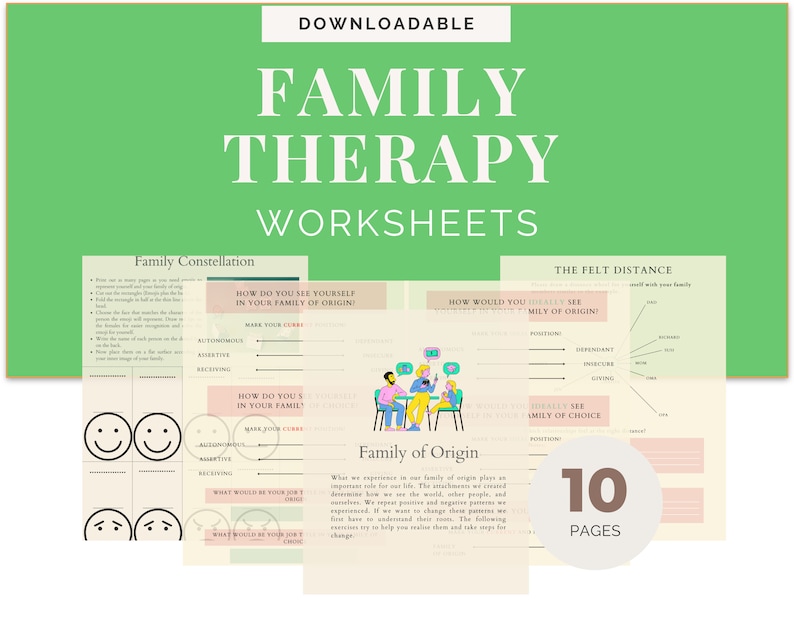 May include: A set of 10 printable worksheets for family therapy. The worksheets feature illustrations of families and have titles such as "Family Constellation", "How Do You See Yourself in Your Family of Origin?" and "The Felt Distance".