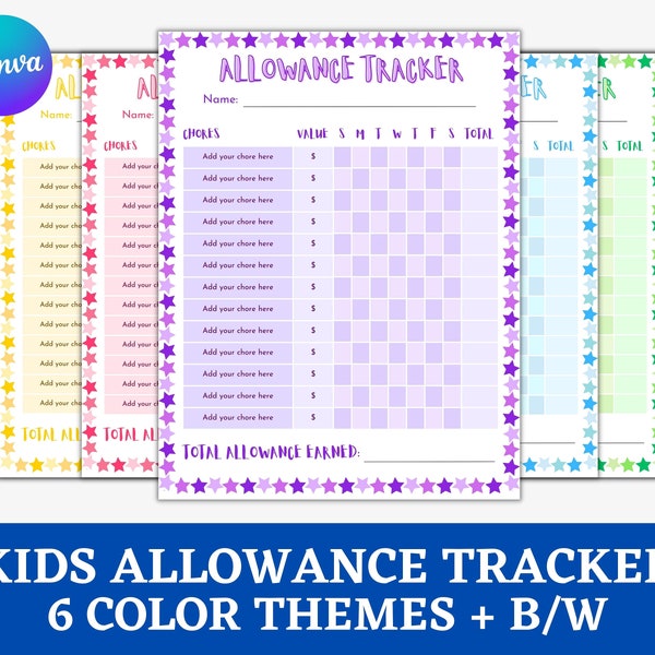 Editable Allowance tracker for kids Printable allowance chore chart Daily Weekly Allowance tracker for teens Earn money Chore chart teens