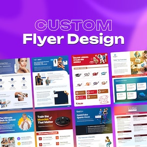 May include: A collection of custom flyer designs on a purple background. The flyers showcase various themes, including back-to-school, fitness, and pet products. Text includes "CUSTOM Flyer Design", "The Ultimate Back-to-School Reboot", and "Train the Muscles That Matter".