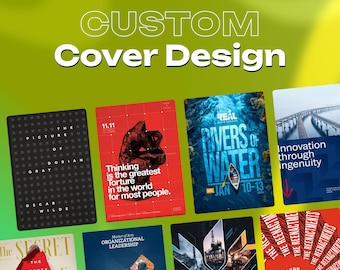 May include: A collection of custom book cover designs. The covers feature various designs, including text and graphics. The text "CUSTOM Cover Design" is at the top. The covers have different color schemes and themes, showcasing a range of design styles.