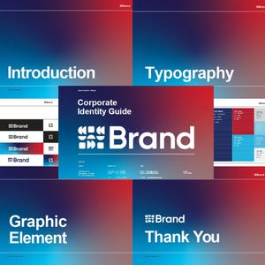 Op de afbeelding: Een corporate identity guide met het woord "Brand" in grote witte letters. De gids bevat secties over introductie, typografie, grafische elementen en een bedankje. De achtergrond heeft een verloop van rood en blauw.