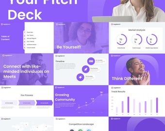 May include: A purple and white presentation slide deck with the title "Your Pitch Deck." The slides include text such as "Table of Content," "Be Yourself," and "Thank You!" along with charts and graphics. A woman is visible in the background.