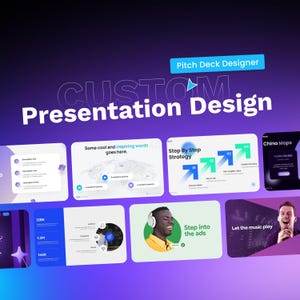 May include: A graphic design with the text "CUSTOM Presentation Design" and "Pitch Deck Designer" above. Several presentation slides are shown, including one with a man wearing headphones and the text "Step into the ads."