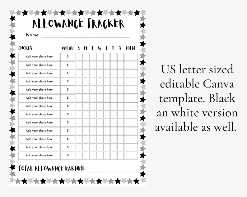 Editable Allowance Tracker for Kids Printable Allowance Chore Chart ...