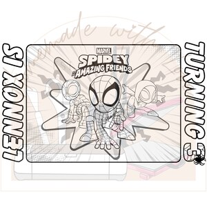 Puede incluir: Ilustración en blanco y negro de línea de arte de Spider-Man y sus amigos de la caricatura de Marvel Spidey and His Amazing Friends. Los personajes están de pie sobre un fondo de estallido de estrella. El texto "MARVEL SPIDEY AND HIS AMAZING FRIENDS" está en la parte superior de la imagen.