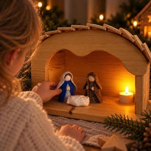 Handgjort julkrubbed med trästall i Betlehem, Maria Josef och Jesus i ullfilt, julkrubbascen, julkrubba i naturligt trä