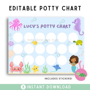 Puede incluir: Un gráfico de orinal azul claro con el texto "EDITABLE POTTY CHART" y "LUCY'S POTTY CHART". El gráfico presenta criaturas marinas como un pulpo, un caballito de mar y un cangrejo. Incluye pegatinas. Descarga instantánea.