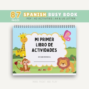Puede incluir: Un libro de actividades en español con espiral, titulado "Mi Primer Libro de Actividades". La portada presenta una jirafa, un mono, un león y una mariposa. El libro contiene 87 páginas y 40 actividades.