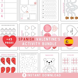 May include: A collection of printable Valentine's Day activity pages in Spanish. The pages feature hearts, teddy bears, and other Valentine's Day themed images. The bundle includes a variety of activities, such as mazes, coloring pages, and matching games.
