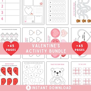 May include: A Valentine's Activity Bundle with various printable pages. The pages include mazes, coloring pages, and matching games. The bundle features a pink and white color scheme with heart and teddy bear illustrations. The text "VALENTINE'S ACTIVITY BUNDLE" is displayed.