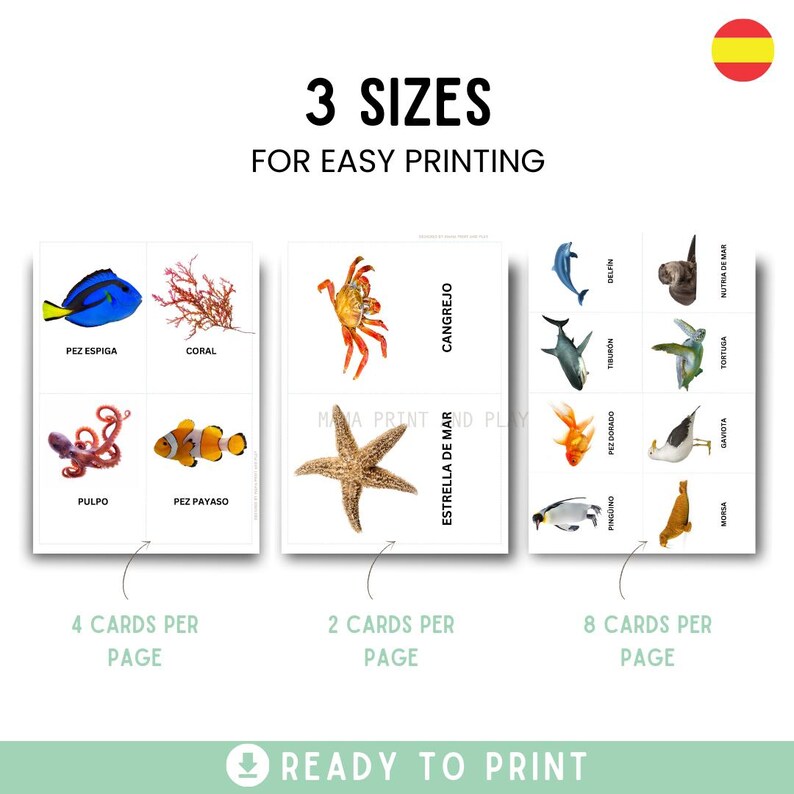 OCEAN ANIMALS SPANISH | Spanish Montessori Cards | Flash Cards ...