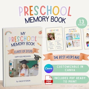 Op de afbeelding: Een herinneringsboek voor de kleuterschool met een witte kaft, de tekst My Preschool Memory Book Class of 2026, een foto van een kind met een afstudeerhoed en 13 pagina's. De set bevat aanpasbare sjablonen voor About Me en My Favourite Artwork.